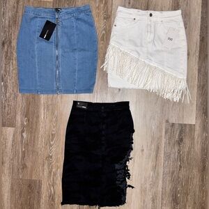 Fashion Nova Denim, Fringe White, and Black Pencil Skirt Set